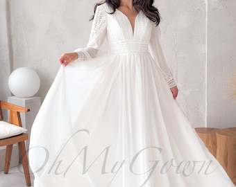 AUF LAGER! Langärmliges Hochzeitskleid, Spitzenhochzeitskleid, schlichtes Hochzeitskleid, schlichtes Hochzeitskleid, rustikales Vintage-Hochzeitskleid, Braut