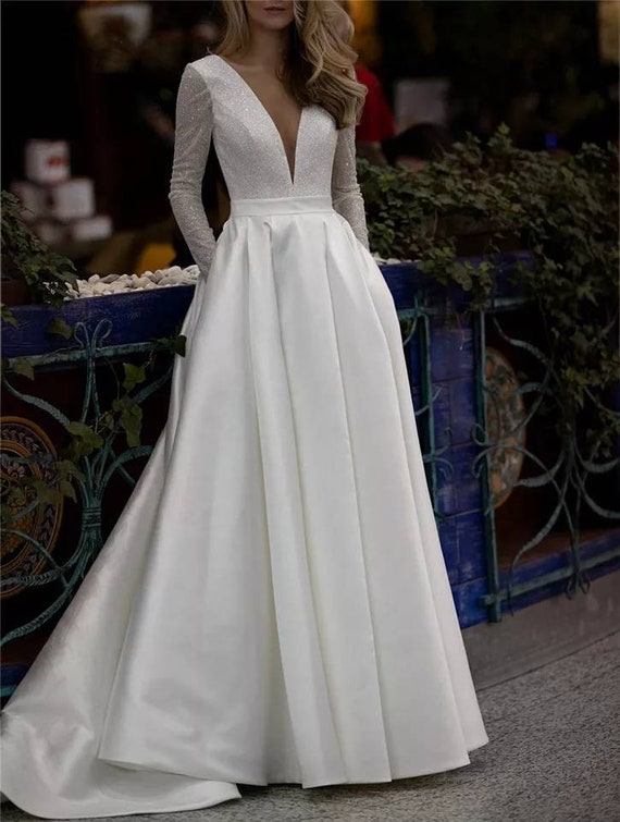 Long Sleeves Dress Deep V-neck Dress Simple Dress Modest Dress | Etsy