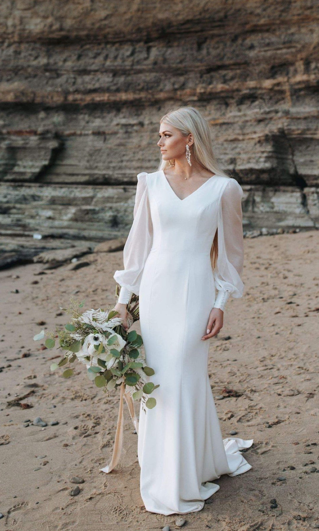 Long Sleeves Wedding Dress, Dinner Wedding Dress, Modest Wedding Dress, V Neck Wedding Dress