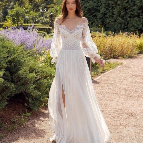 Long Sleeves Wedding Dress Elegant Wedding Simple Boho Beach - Etsy