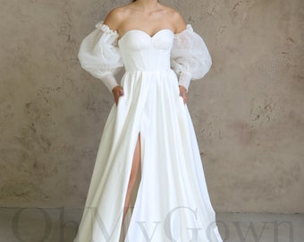 A-Line Wedding Dress, Simple Wedding Dress, Simple Long Sleeve Wedding Dress, Modest Wedding Dress Long Sleeve, Strapless Wedding Dress