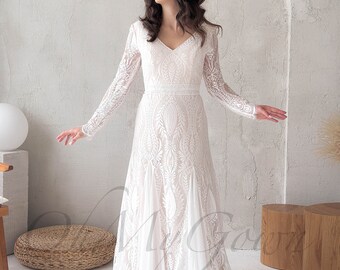 Boho Wedding Dress, Floral Wedding Dress, Long  Sleeve Wedding Dress ,Lace Wedding Dress, A-line Wedding Dress, Bohemian Wedding Dress