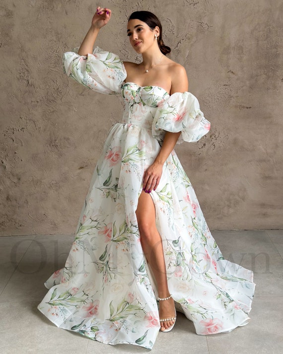Floral print wedding gown clearance