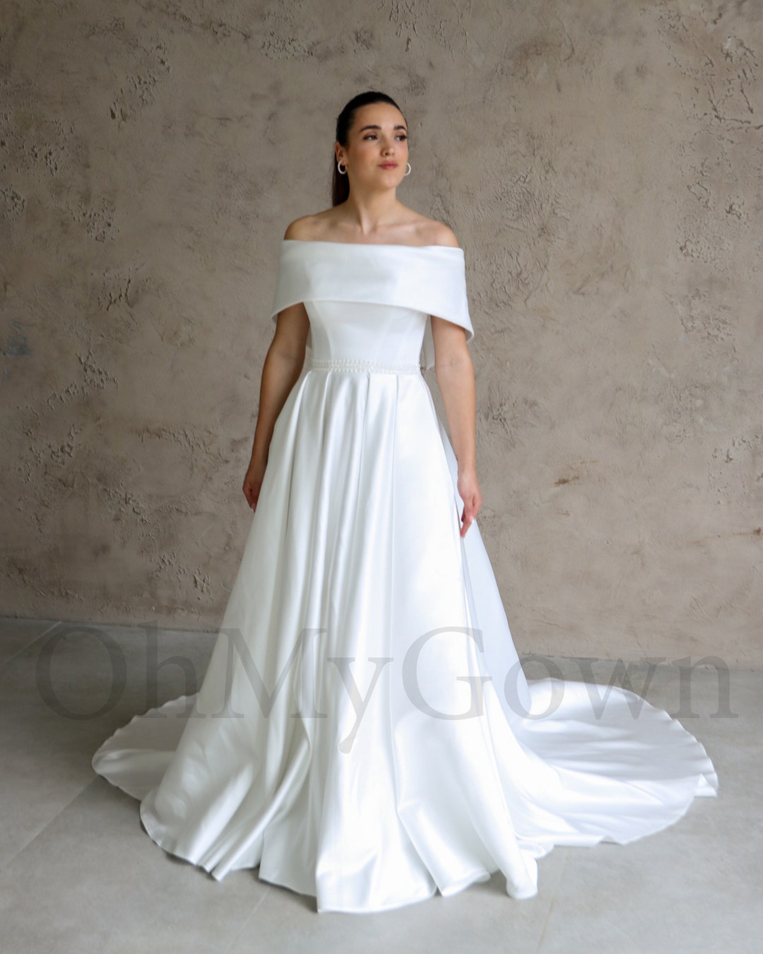 Minimalist Wedding Dress Off Shoulder Pleated Wedding Dress  D3797 main image 1
