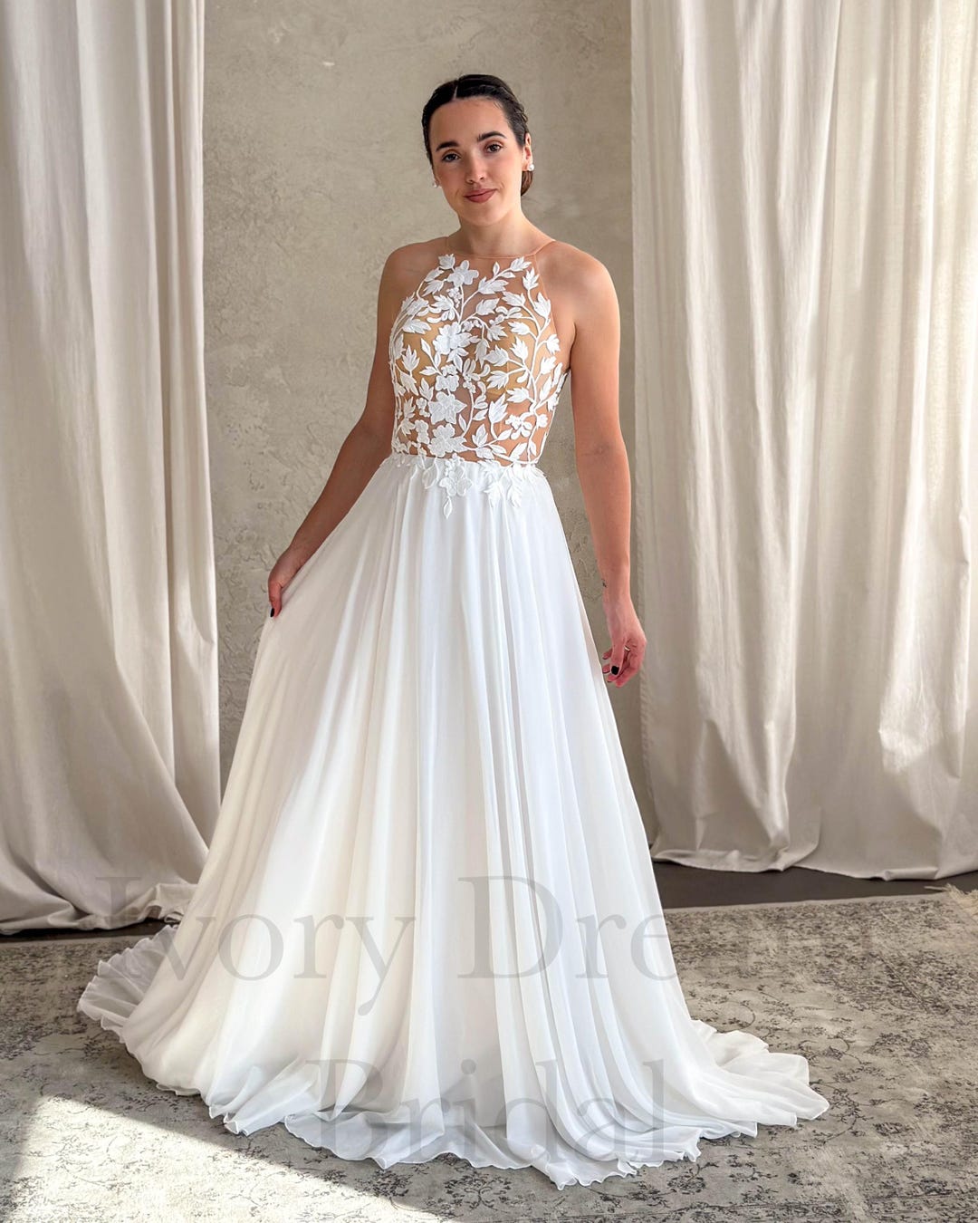 Corset Back Chiffon Wedding Dresses with Train Ivory