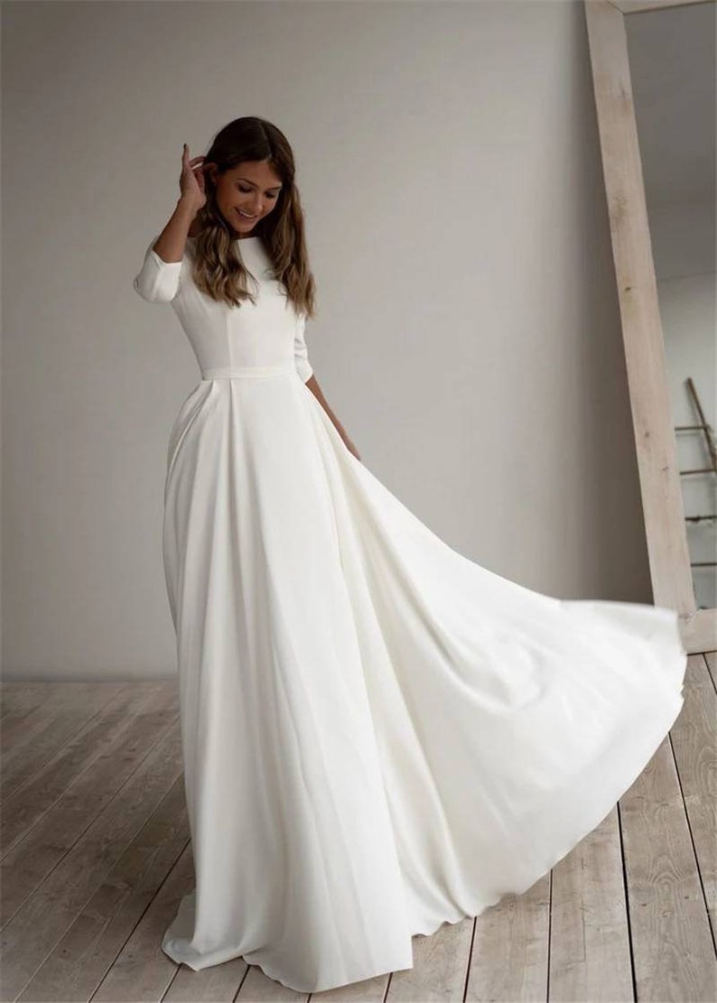Simple Minimalist Dress Satin Wedding Dress Half Sleeves A - Etsy