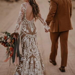 Boho Wedding Dress, Floral Wedding Dress, Long Sleeve Wedding Dress Boho, Lace Wedding Dress, Mermaid Wedding Dress, Bohemian Wedding Dress image 3