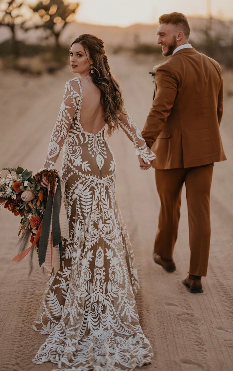 Boho Wedding Dress, Floral Wedding Dress, Long Sleeve Wedding Dress Boho, Lace Wedding Dress, Mermaid Wedding Dress, Bohemian Wedding Dress image 3