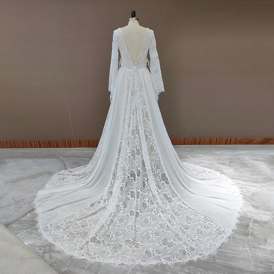 Long Lace Sleeves Wedding Dress Boho Wedding Dress Modest - Etsy