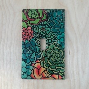 Painted succulent light switch cover - wooden botanical single lightswitch cover plate