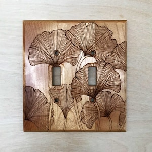 Double Ginkgo biloba tree leaves light switch cover - 2 toggle maidenhair tree leaf  lightswitch cover plate - engraved wood