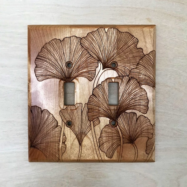 Double Ginkgo biloba tree leaves light switch cover - 2 toggle maidenhair tree leaf  lightswitch cover plate - engraved wood