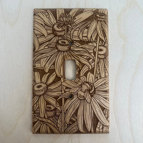 flowers with bumblebee wooden single light switch cover- single toggle cover plate - floral switch plate