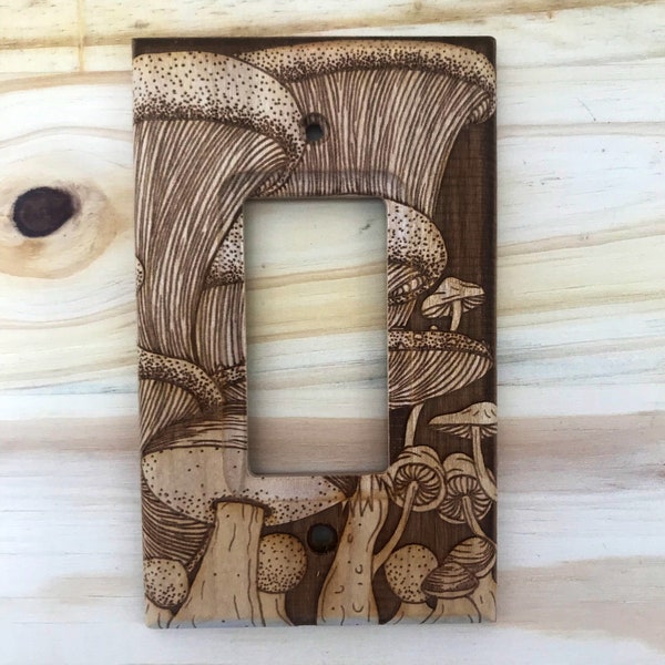 Wooden mushroom single rocker lightswitch cover - GFCI outlet cover plate out let - single decora light switch cover