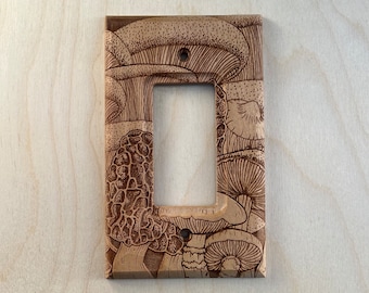 Wooden mushroom rocker lightswitch cover - morel mushroom single light switch cover plate