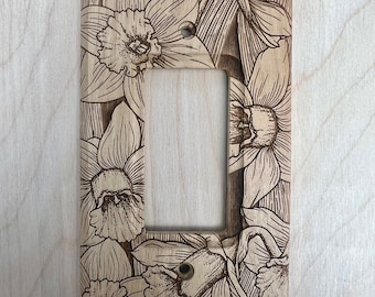 Wooden flower engraved rocker light switch cover - Daffodil wall plate