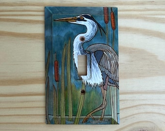 Wooden Great Blue Heron lightswitch cover -  hand painted single light switch cover plate
