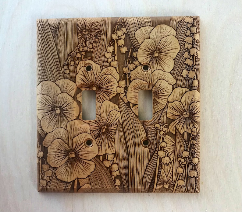 Double wood light switch cover - violet and lily of the valley lightswitch cover plate 2 toggle