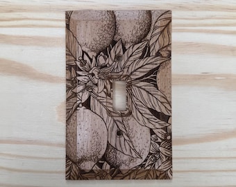 Wooden engraved light switch cover - lemons blossoms and leaves