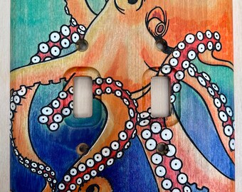 Colorful hand painted octopus double light switch cover- 2 toggle botanical lightswitch cover