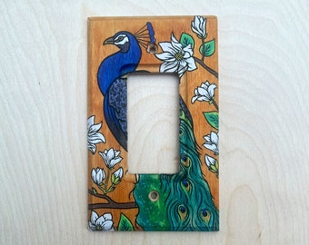 Painted peacock rocker lightswitch cover - wood bird single rocker light switch cover plate
