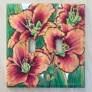Hand painted double Daylily light switch cover - floral 2 toggle lightswitch cover plate - wooden wall plate