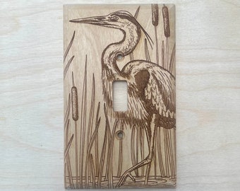 Wooden Great Blue Heron lightswitch cover -  single light switch cover plate