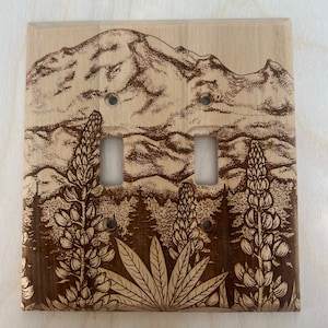 Double engraved wooden lupin and mount baker light switch cover