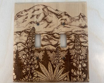 Double engraved wooden lupin and mount baker light switch cover