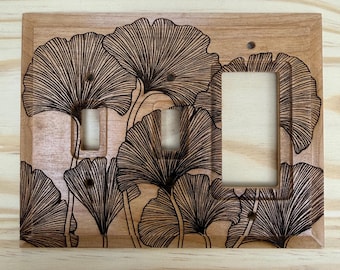 Triple Ginkgo biloba tree leaves triple light switch cover - 2 toggle/1 rocker combination maidenhair tree leaf lightswitch cover plate
