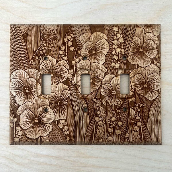 Violet and lily of the valley triple light switch cover - 3 toggle switch plate - wooden lightswitch cover