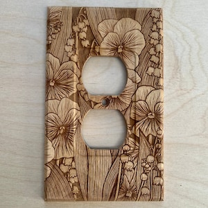 Wooden flower engraved outlet cover - lily of the valley and violets