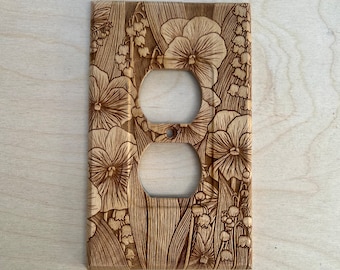 Wooden flower engraved outlet cover - lily of the valley and violets