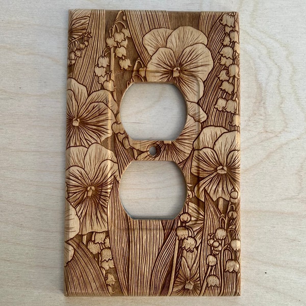 Wooden flower engraved outlet cover - lily of the valley and violets