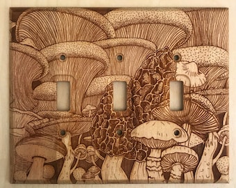 Wood mushroom triple light switch cover - 3 toggle switchplate - wooden lightswitch cover