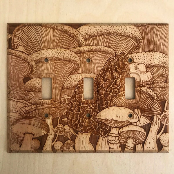 Wood mushroom triple light switch cover - 3 toggle switchplate - wooden lightswitch cover