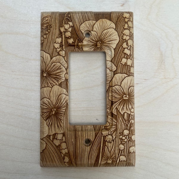 Wooden flower engraved rocker light switch cover - lily of the valley and violets
