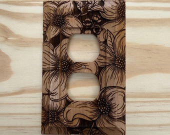 Wooden dogwood flower engraved outlet cover - floral wall plate - Cornus florida