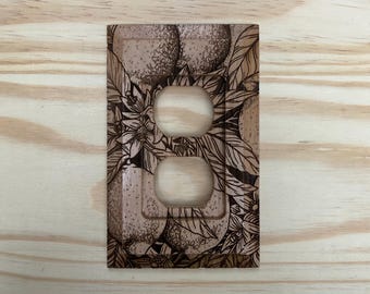Wooden engraved outlet cover - lemons blossoms and leaves