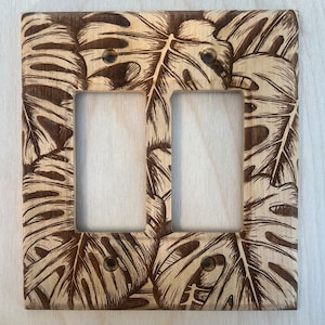 Monstera leaves double rocker light switch cover - 2 rocker  leaf lightswitch cover plate - engraved wood