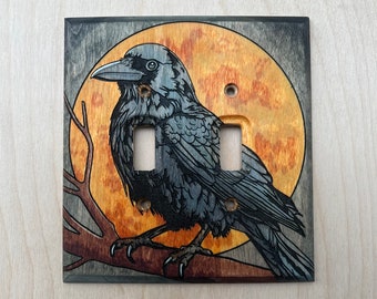 Hand painted raven and full moon double light switch cover- 2 toggle wall light plate - wood lightswitch cover