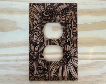 flowers with bumblebee wooden single outlet cover- single cover plate - floral switch plate
