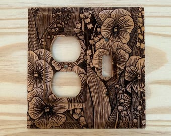 Double wood light switch cover - violet and lily of the valley lightswitch cover plate outlet/toggle combination