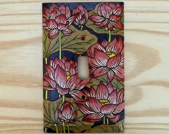 Lotus flower painted wooden single light switch cover- single toggle cover plate - Nelumbo nucifera switch plate