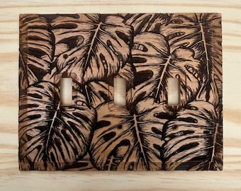 Monstera leaves triple light switch cover - 3 toggle  leaf lightswitch cover plate - engraved wood