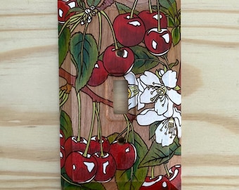 Wooden colorful painted light switch cover - cherries, cherry blossoms and leaves