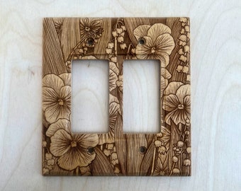 Double rocker light switch cover - wooden violet and lily of the valley lightswitch cover