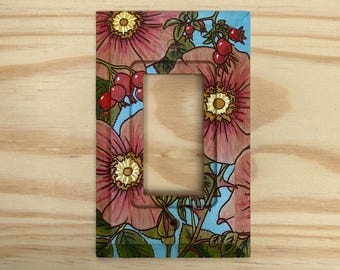 Hand painted wild rose rocker light switch cover - floral single rocker lightswitch cover plate - wooden wall plate