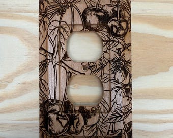 Wooden engraved outlet cover - cherries, cherry blossoms and leaves