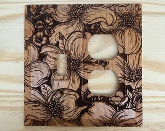 Double wood floral light switch cover - Dogwood flower light switch toggle/outlet combo cover plate